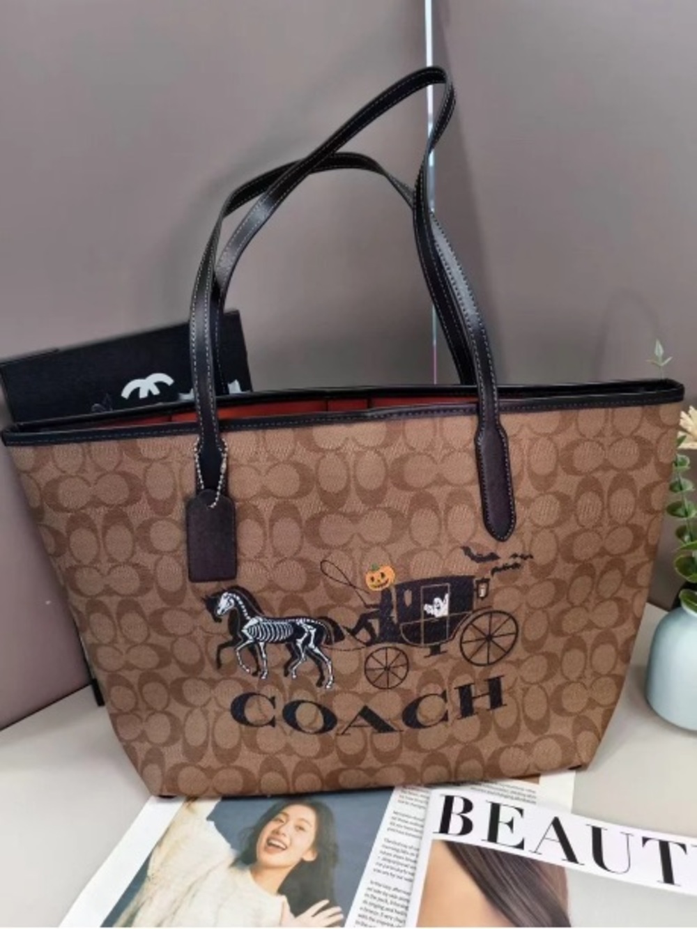 Coach Brown Signature Canvas Tote with Halloween Horse & Carriage Motif